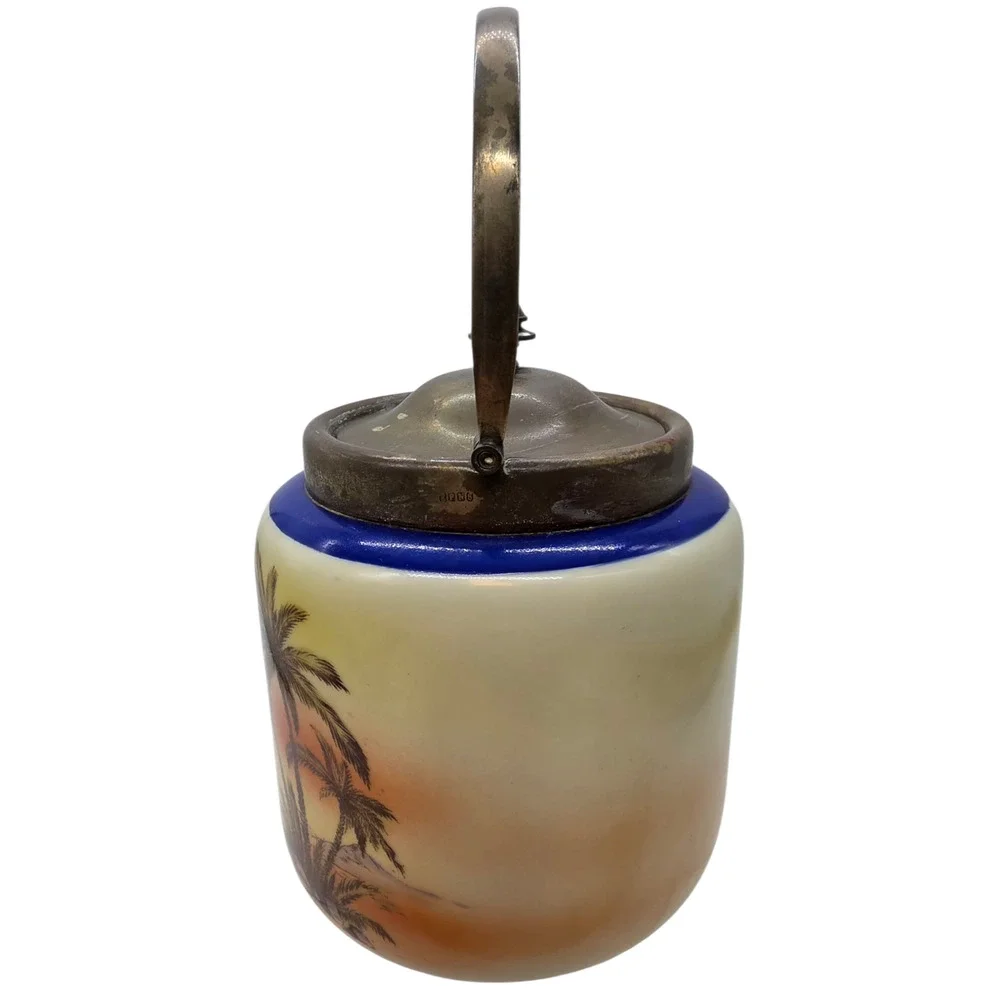 VINTAGE CZECH DESERT SCENE COVERED BISCUIT JAR PORCELAIN WITH METAL FRAME